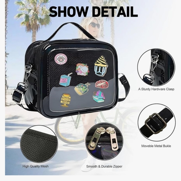 Black Transparent Crossbody Bag with Pin Display. Added Free Pins With Purchase. - Picture 3 of 15